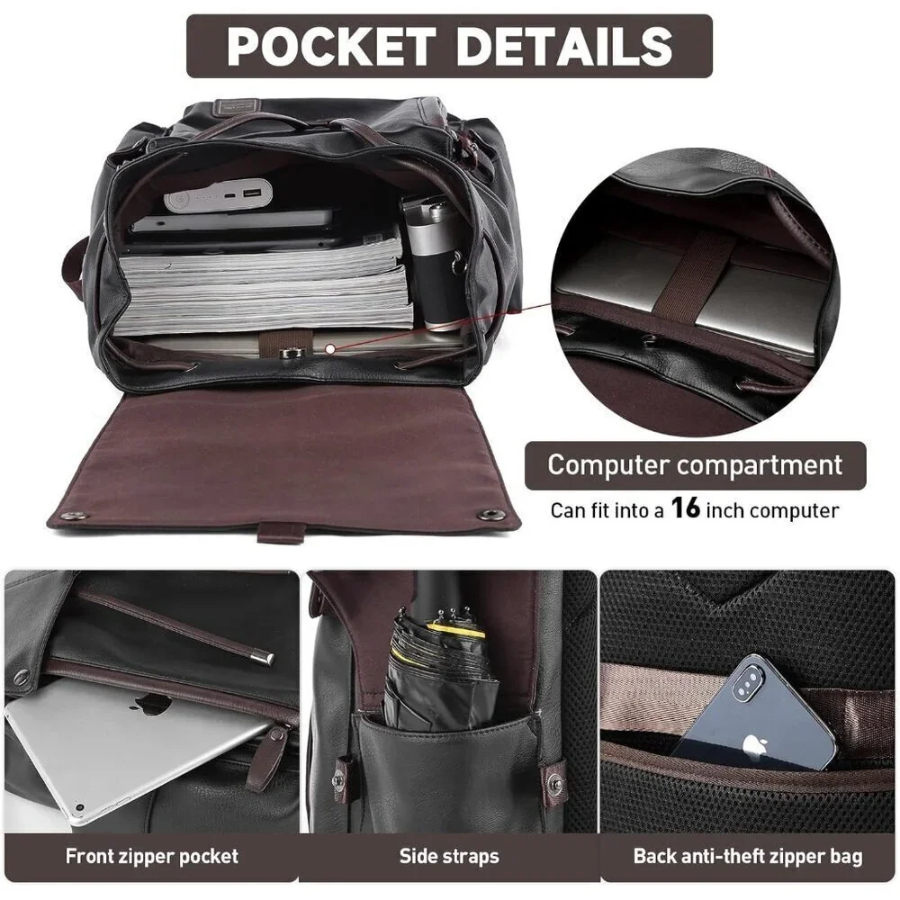 Black Laptop Travel Backpack PU Leather Water-Resistant Casual Laptop Backpack